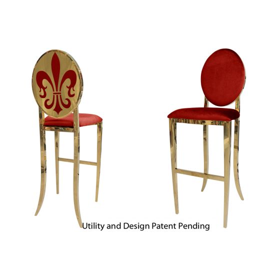 Gold Fleur-de-lis bar stool with Red cushioned seat, ornate metal fleur-de-lis backrest and foot-rail base, luxury event bar seating