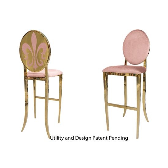 Gold Fleur-de-lis bar stool with Rose Gold cushioned seat, ornate metal fleur-de-lis backrest and foot-rail base, luxury event bar seating