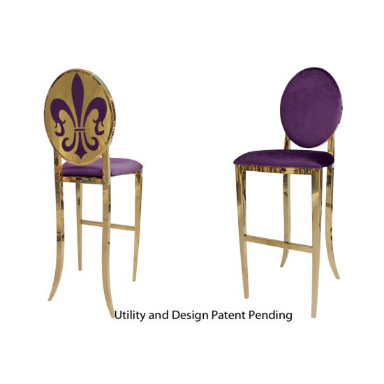 Gold Fleur-de-lis bar stool with Eggplant cushioned seat, ornate metal fleur-de-lis backrest and foot-rail base, luxury event bar seating