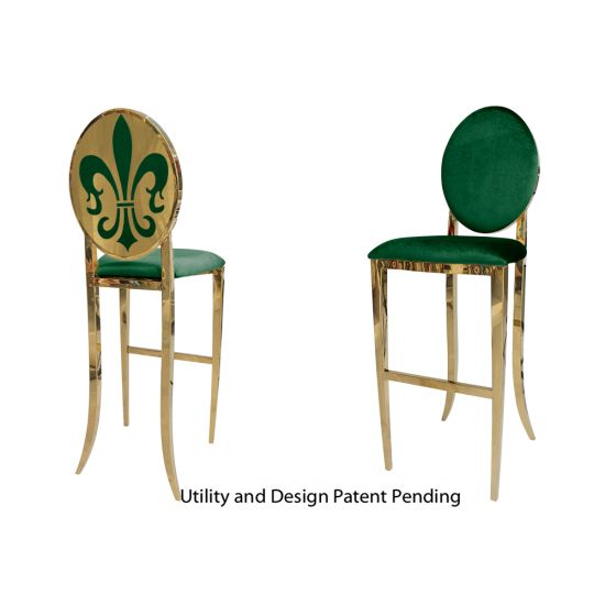 Gold Fleur-de-lis bar stool with Emerald Green cushioned seat, ornate metal fleur-de-lis backrest and foot-rail base, luxury event bar seating