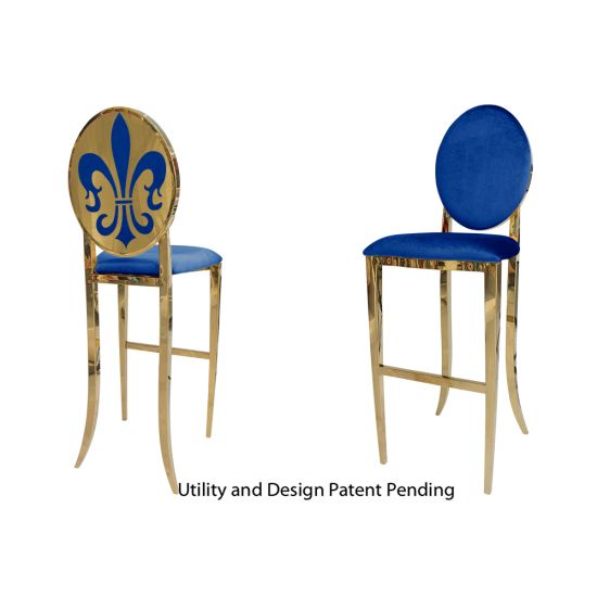 Gold Fleur-de-lis bar stool with Royal Blue  cushioned seat, ornate metal fleur-de-lis backrest and foot-rail base, luxury event bar seating