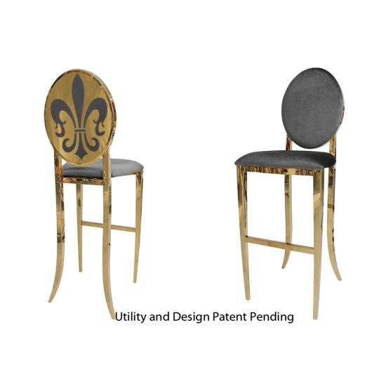 Gold Fleur-de-lis bar stool with Silver cushioned seat, ornate metal fleur-de-lis backrest and foot-rail base, luxury event bar seating