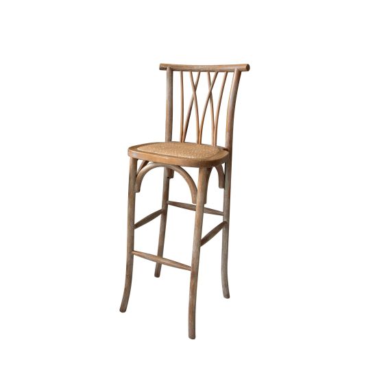 “Natural wood Willow Barstool with slatted backrest and square wooden seat on four-leg frame with foot-rail, rustic bar-height event seating”
