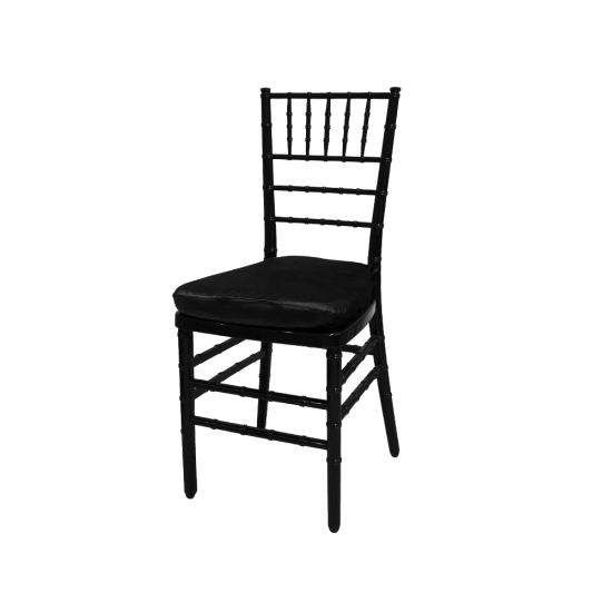 Black resin Chiavari chair with Black cushion seat, spindled high backrest and four-leg frame, elegant event seating solution