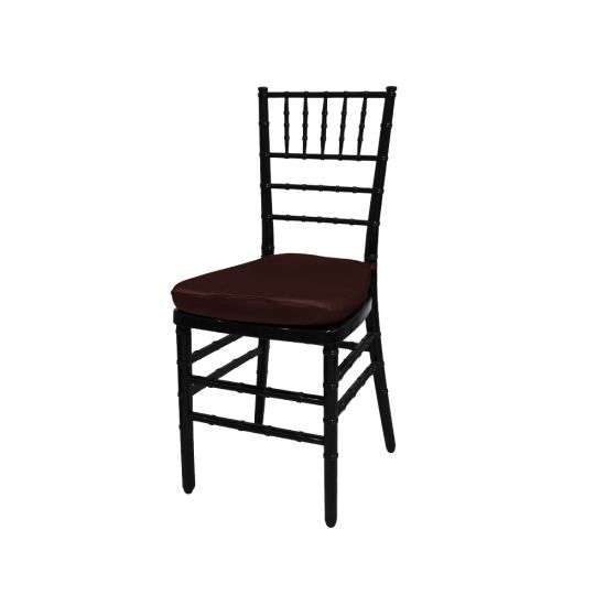 Black resin Chiavari chair with Brown cushion seat, spindled high backrest and four-leg frame, elegant event seating solution