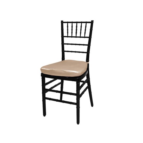 Black resin Chiavari chair with Champagne cushion seat, spindled high backrest and four-leg frame, elegant event seating solution