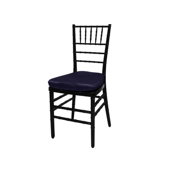 Black resin Chiavari chair with Dark Grey cushion seat, spindled high backrest and four-leg frame, elegant event seating solution