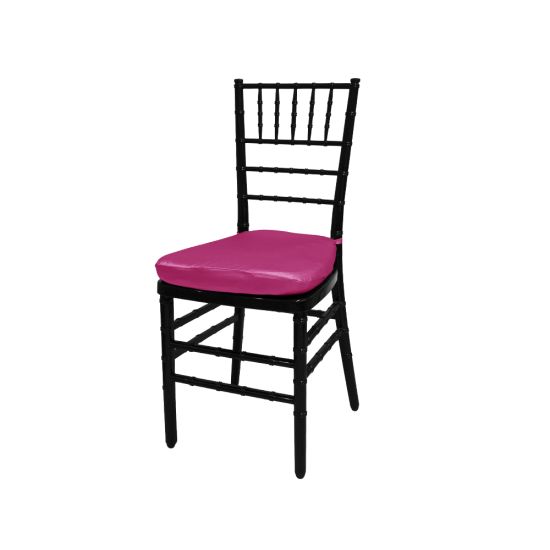 Black resin Chiavari chair with Fucshia cushion seat, spindled high backrest and four-leg frame, elegant event seating solution