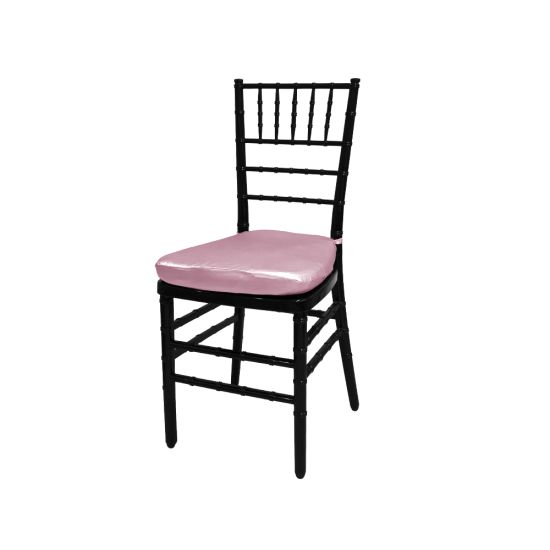 Black resin Chiavari chair with Light Pink cushion seat, spindled high backrest and four-leg frame, elegant event seating solution