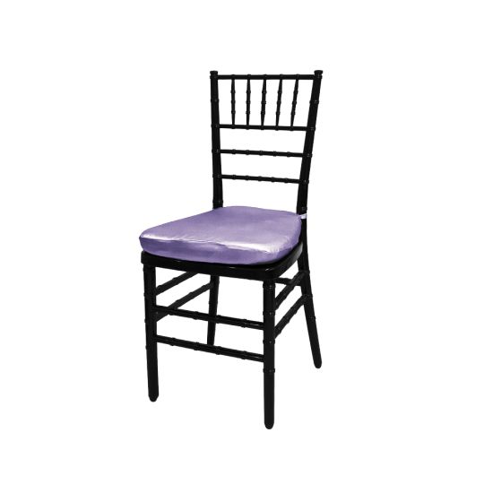 Black resin Chiavari chair with Lilac cushion seat, spindled high backrest and four-leg frame, elegant event seating solution
