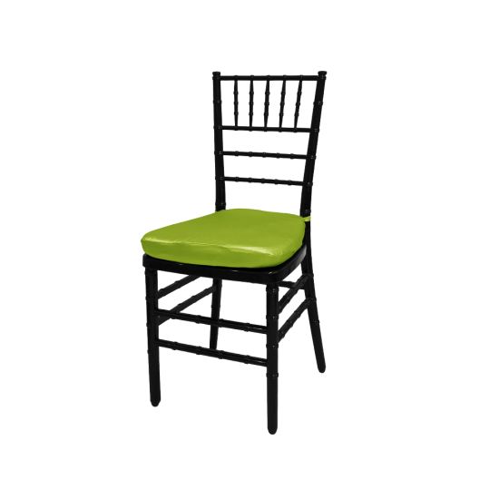 Black resin Chiavari chair with Lima Green cushion seat, spindled high backrest and four-leg frame, elegant event seating solution