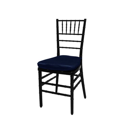 Black resin Chiavari chair with Navy Blue cushion seat, spindled high backrest and four-leg frame, elegant event seating solution