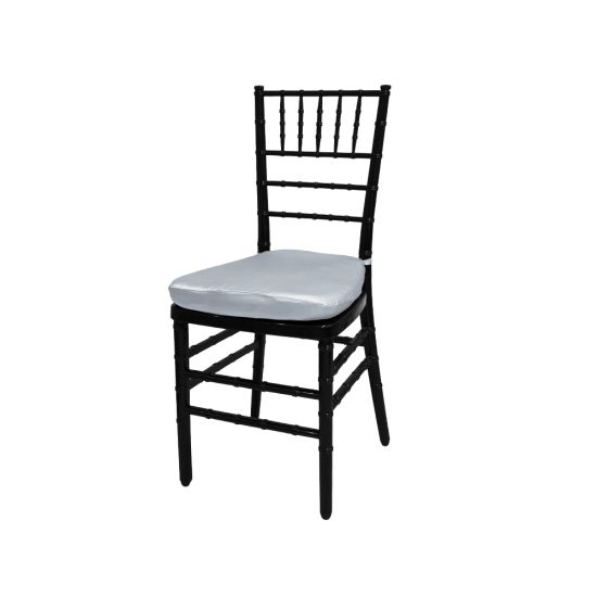 Black resin Chiavari chair with Silver  cushion seat, spindled high backrest and four-leg frame, elegant event seating solution