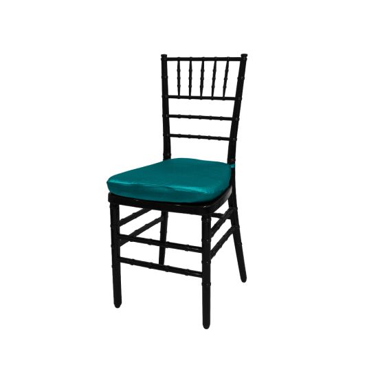 Black resin Chiavari chair with Teal cushion seat, spindled high backrest and four-leg frame, elegant event seating solution