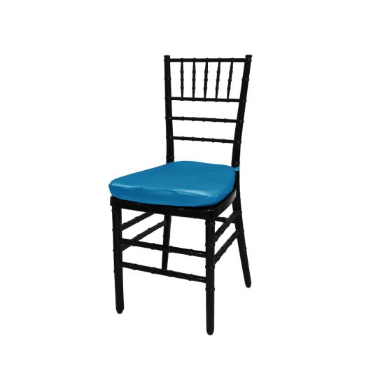 Black resin Chiavari chair with Turquoise cushion seat, spindled high backrest and four-leg frame, elegant event seating solution
