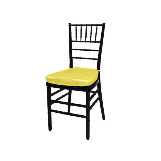 Black resin Chiavari chair with Yellow cushion seat, spindled high backrest and four-leg frame, elegant event seating solution