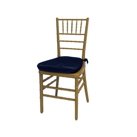 Gold resin Chiavari chair with Navy Blue cushion seat, spindled high back and slim four-leg frame, elegant event seating