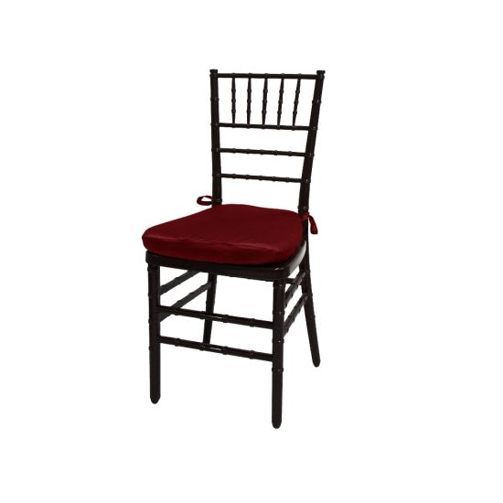 Mahogany resin Chiavari chair with Brick cushioned seat, spindled high backrest and slim stacked-chair frame for elegant event seating