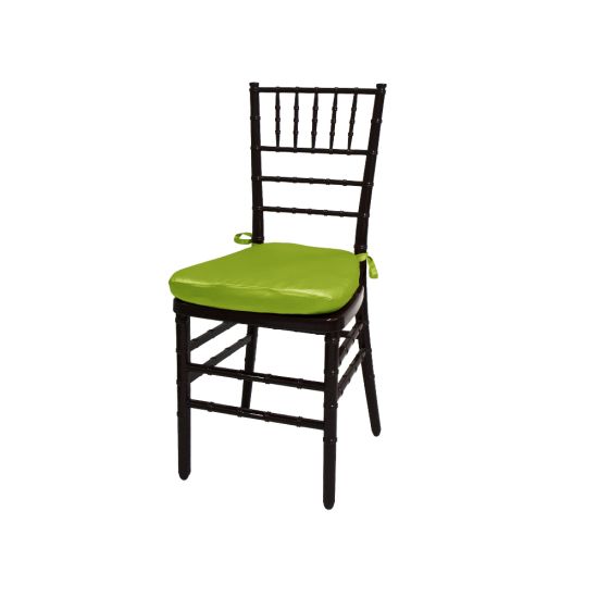 Mahogany resin Chiavari chair with Lime Green cushioned seat, spindled high backrest and slim stacked-chair frame for elegant event seating