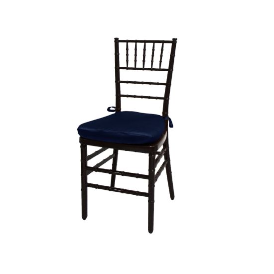 Mahogany resin Chiavari chair with Navy Blue cushioned seat, spindled high backrest and slim stacked-chair frame for elegant event seating