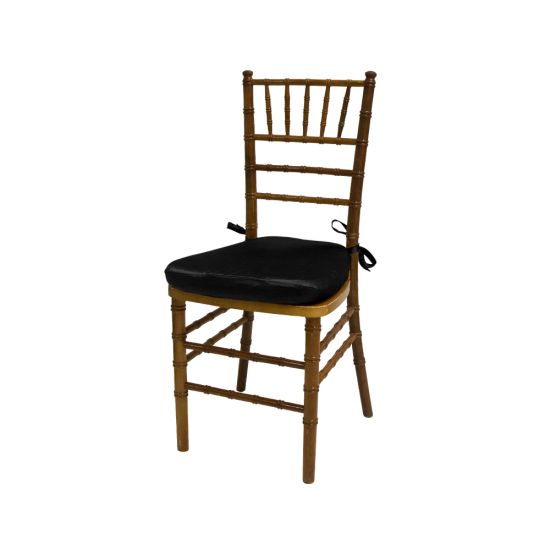 Chiavari chair with natural wood finish, black  colored padded seat, elegant slatted backrest, and stylish seating for event guests.