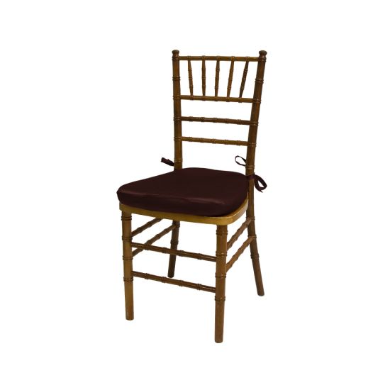 Chiavari chair with natural wood finish, Brown colored padded seat, elegant slatted backrest, and stylish seating for event guests.