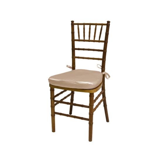 Chiavari chair with natural wood finish, Champagne colored padded seat, elegant slatted backrest, and stylish seating for event guests.