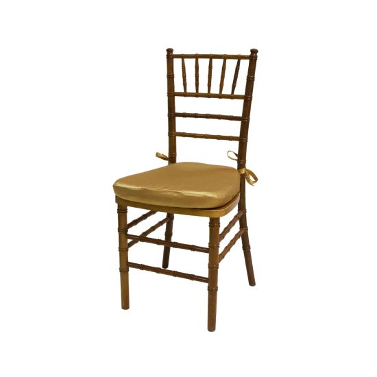 Chiavari chair with natural wood finish, Gold colored padded seat, elegant slatted backrest, and stylish seating for event guests.