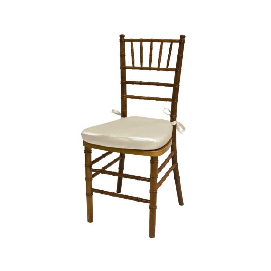 Chiavari chair with natural wood finish, Ivory colored padded seat, elegant slatted backrest, and stylish seating for event guests.