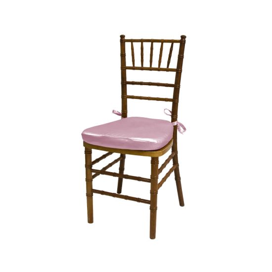 Chiavari chair with natural wood finish, Light Pink colored padded seat, elegant slatted backrest, and stylish seating for event guests.