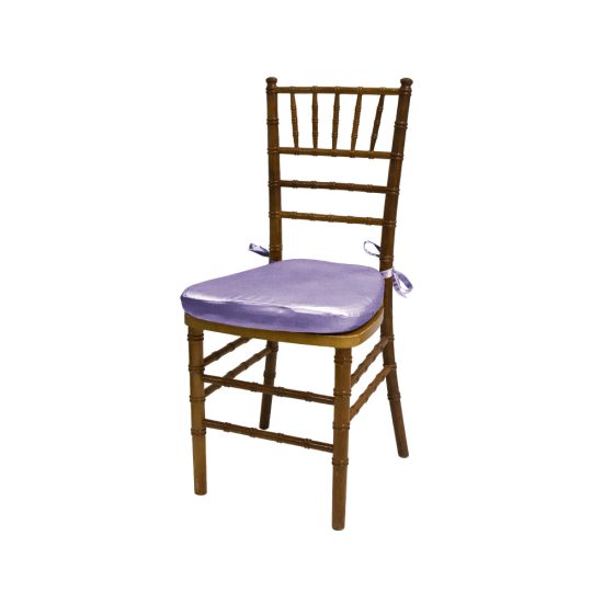 Chiavari chair with natural wood finish, Lilac colored padded seat, elegant slatted backrest, and stylish seating for event guests.