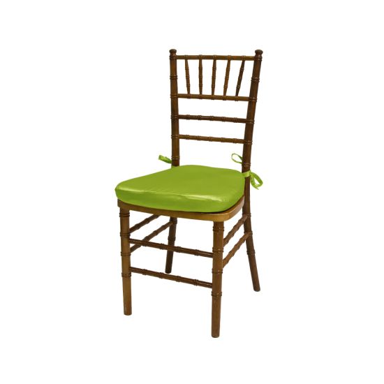 Chiavari chair with natural wood finish, Lime Green colored padded seat, elegant slatted backrest, and stylish seating for event guests.
