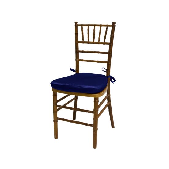 Chiavari chair with natural wood finish, Royal Blue colored padded seat, elegant slatted backrest, and stylish seating for event guests.
