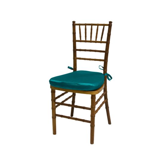 Chiavari chair with natural wood finish, Teal colored padded seat, elegant slatted backrest, and stylish seating for event guests.