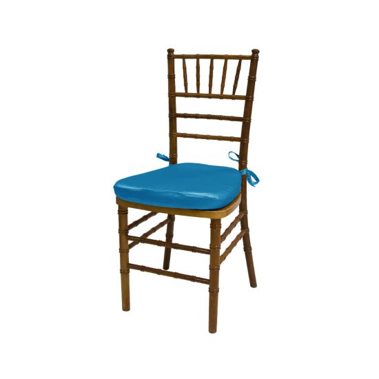 Chiavari chair with natural wood finish, Turquoise colored padded seat, elegant slatted backrest, and stylish seating for event guests.
