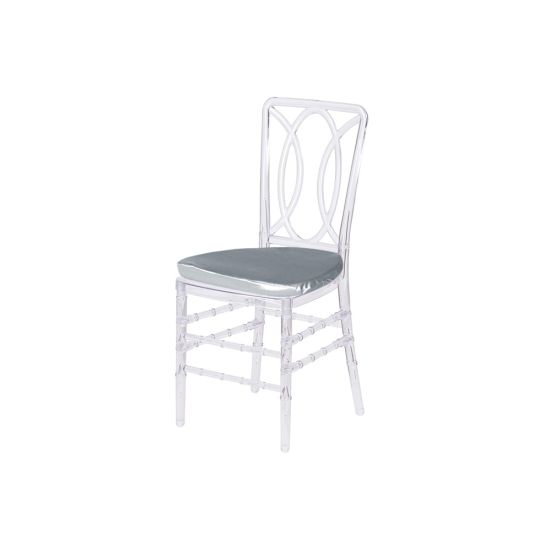 Clear resin Clash chair with Silver cushioned seat and intertwined oval backrest, sleek modern event seating.