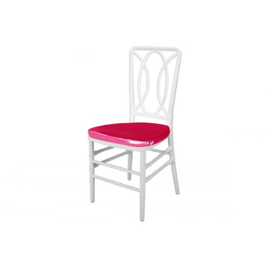 White resin Clash chair with Fuchsia cushioned seat, dual interlocking ring backrest and sleek armless frame for modern event seating