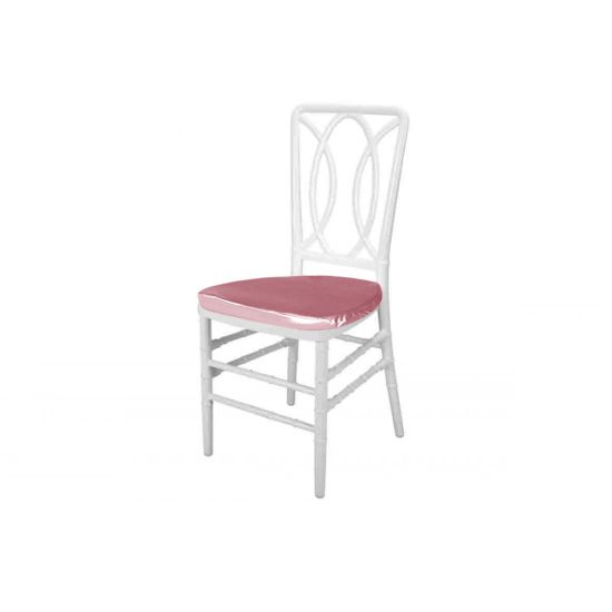 White resin Clash chair with Light Pink cushioned seat, dual interlocking ring backrest and sleek armless frame for modern event seating