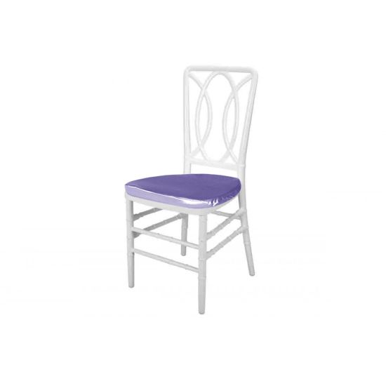 White resin Clash chair with Lilac cushioned seat, dual interlocking ring backrest and sleek armless frame for modern event seating