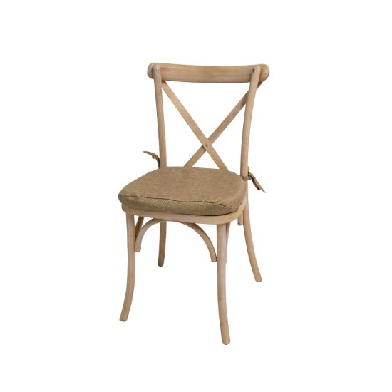 “Light wood cross-back chair with natural jute cushion, X-shaped backrest and rustic elegant event guest seating”