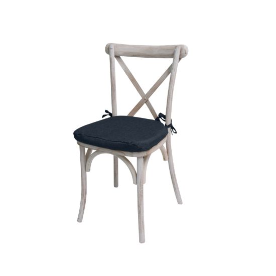 “White-wash wood cross-back chair with slate-grey cushion, X-shaped backrest and rustic elegant event guest seating”