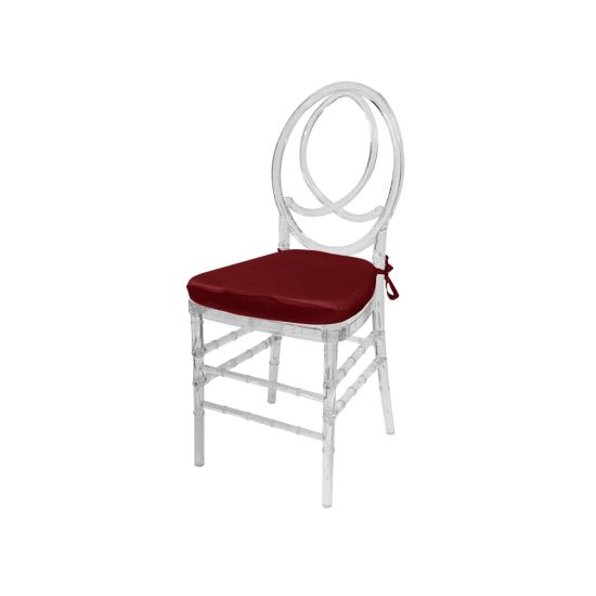 Clear resin Infinity chair with Brick cushioned seat, intertwined figure-8 backrest and sleek transparent frame for upscale event seating