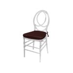Clear resin Infinity chair with Brown cushioned seat, intertwined figure-8 backrest and sleek transparent frame for upscale event seating