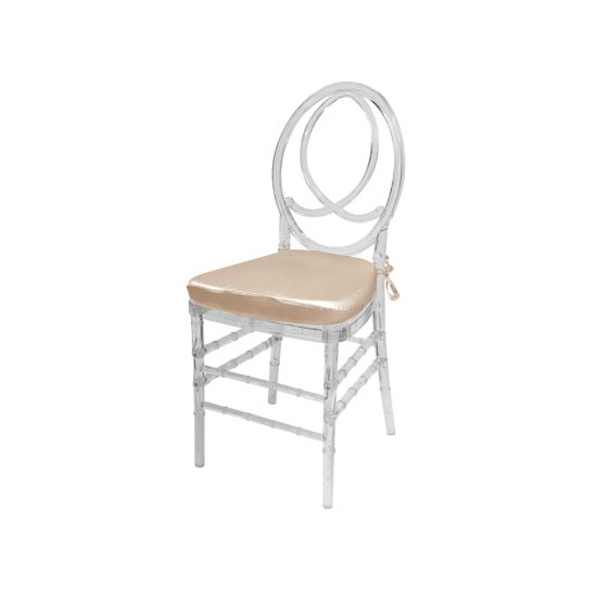 Clear resin Infinity chair with Champagne cushioned seat, intertwined figure-8 backrest and sleek transparent frame for upscale event seating