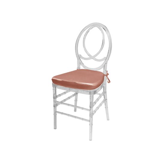 Clear resin Infinity chair with Coral cushioned seat, intertwined figure-8 backrest and sleek transparent frame for upscale event seating