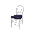 Clear resin Infinity chair with Dark Grey cushioned seat, intertwined figure-8 backrest and sleek transparent frame for upscale event seating