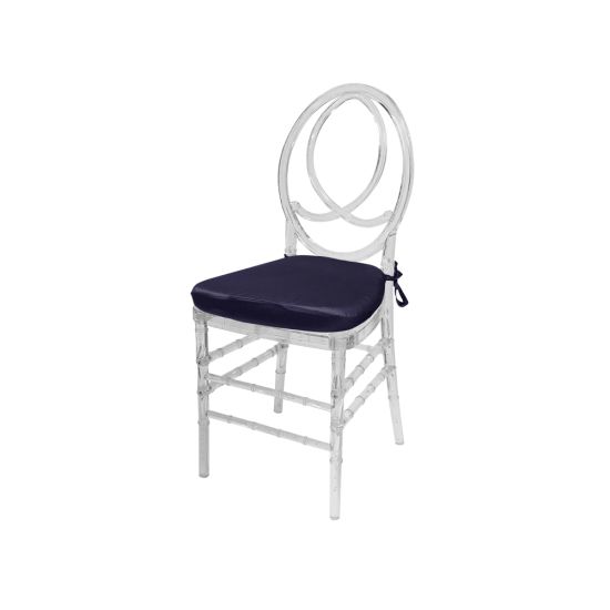 Clear resin Infinity chair with Dark Grey cushioned seat, intertwined figure-8 backrest and sleek transparent frame for upscale event seating