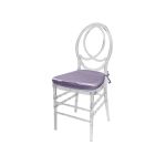 Clear resin Infinity chair with Lilac cushioned seat, intertwined figure-8 backrest and sleek transparent frame for upscale event seating