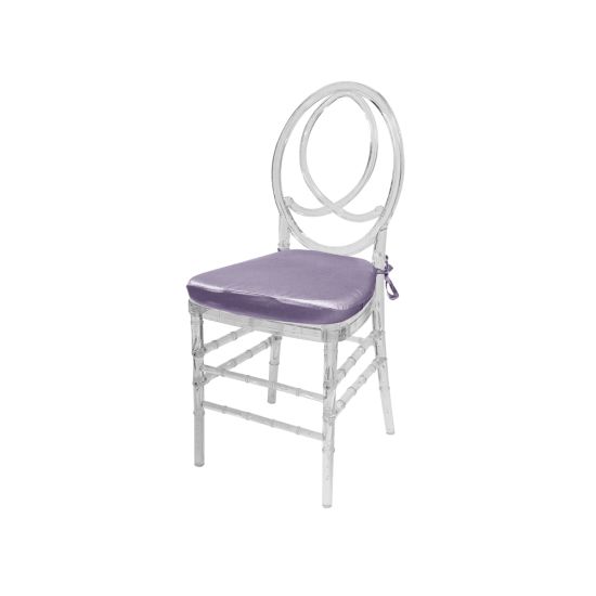 Clear resin Infinity chair with Lilac cushioned seat, intertwined figure-8 backrest and sleek transparent frame for upscale event seating
