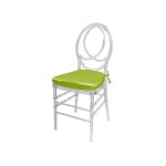 Clear resin Infinity chair with Lime Green cushioned seat, intertwined figure-8 backrest and sleek transparent frame for upscale event seating